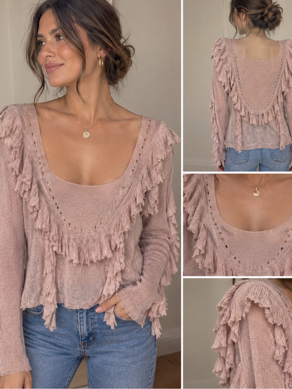NWT Wildfox Camilla Ruffled Sweater in Maderas Tan (Size M)